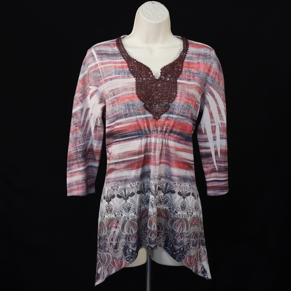 One World Womens Long Sublimation Shirt S Small Rhinestones Lace Pink Blue Vneck